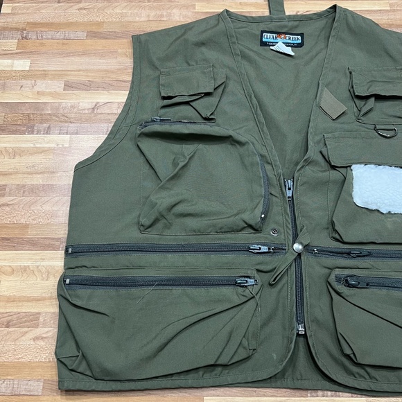 Clear Creek Fishing Vest Mens XL Fly Patch Olive Green Cargo Zip Pockets - Picture 3 of 9
